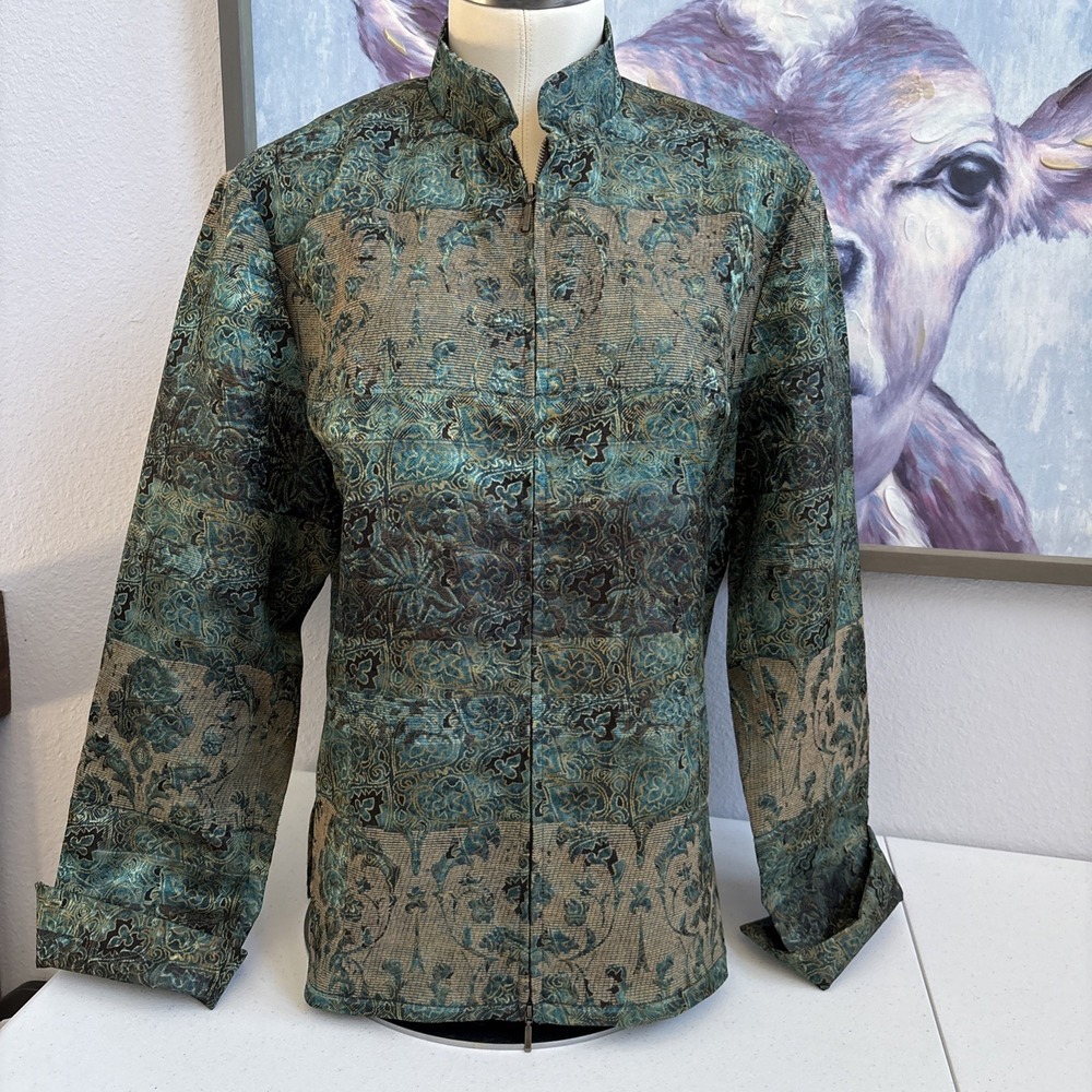 Coldwater Creek Women's M Green Metallic Tapestry Full Zip Tunic Jacket Blazer